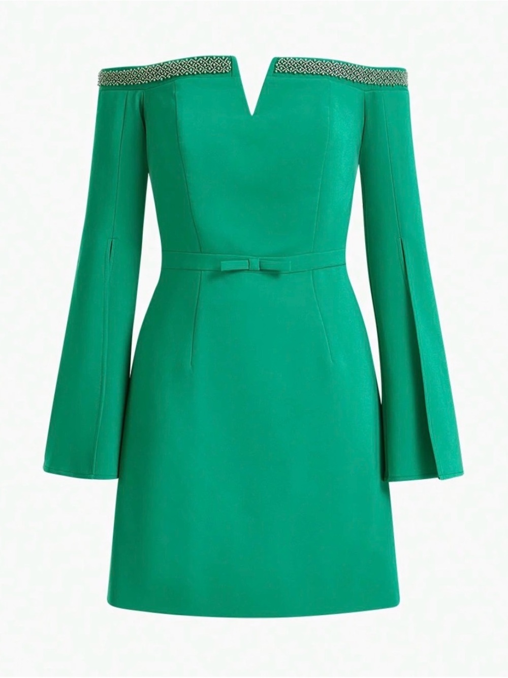MOTF Off-Shoulder Emerald Green Mini Dress with Beaded Trim